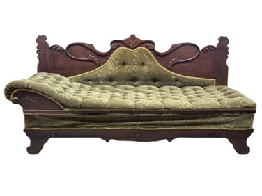 Late 19th C. Victorian Carved Wood Tufted Chase Lounge