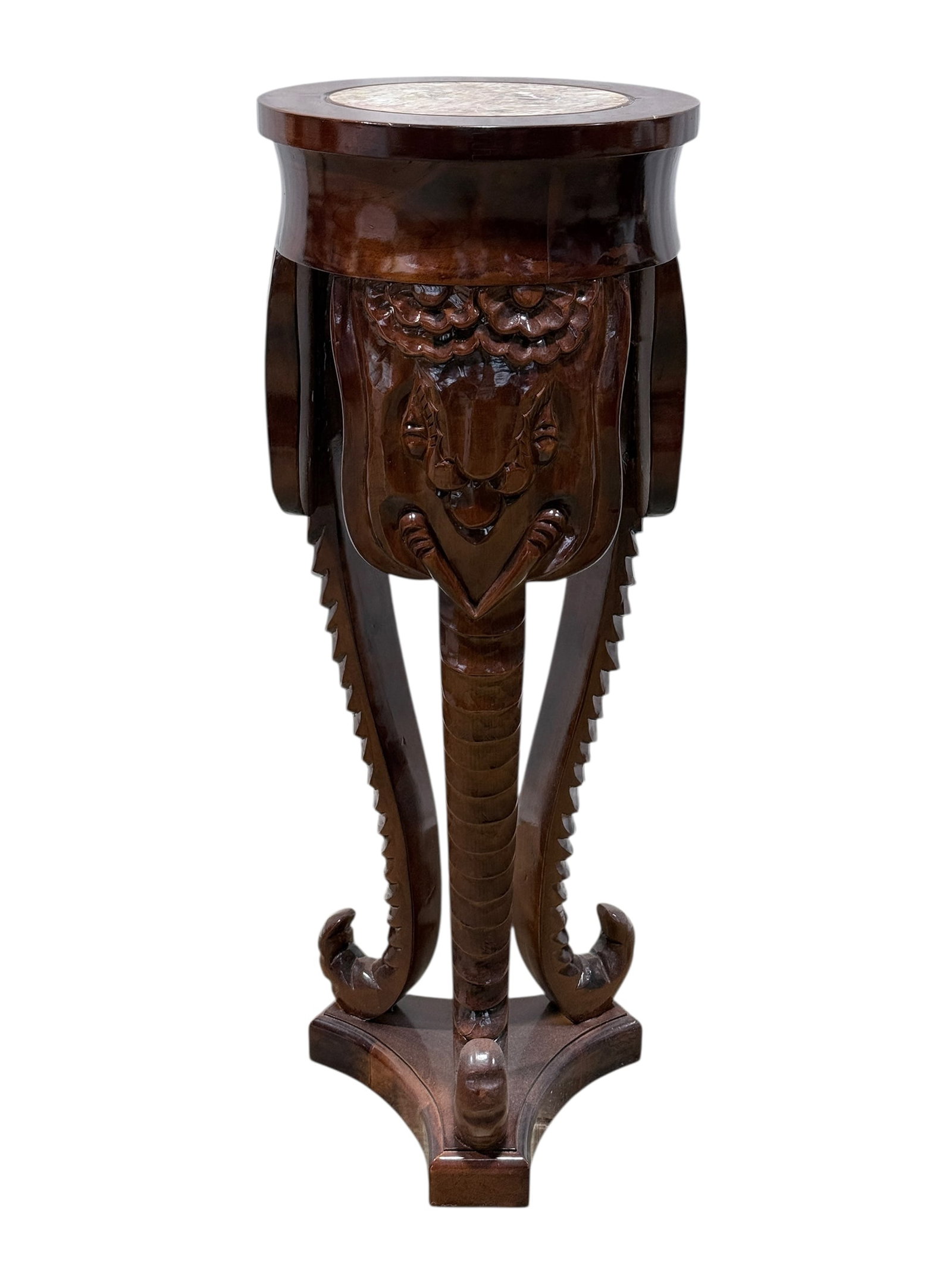 Chinoiserie Carved Wood Pedestal w/ Marble Insert: Chinoiserie Carved Wood Pedestal w/ Marble Insert. Measures 35.75" H x 13" Diameter. Has some scuffs and scratches.