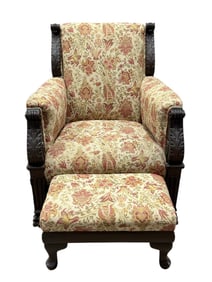 Antique Carved Wood Armchair w/ Footstool