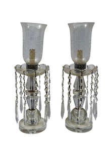 Pair of Antique Crystal Hurricane Lamps