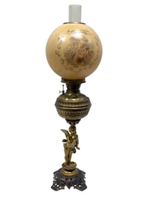 Early 20th C Parlor Cherub Kerosene Lamp