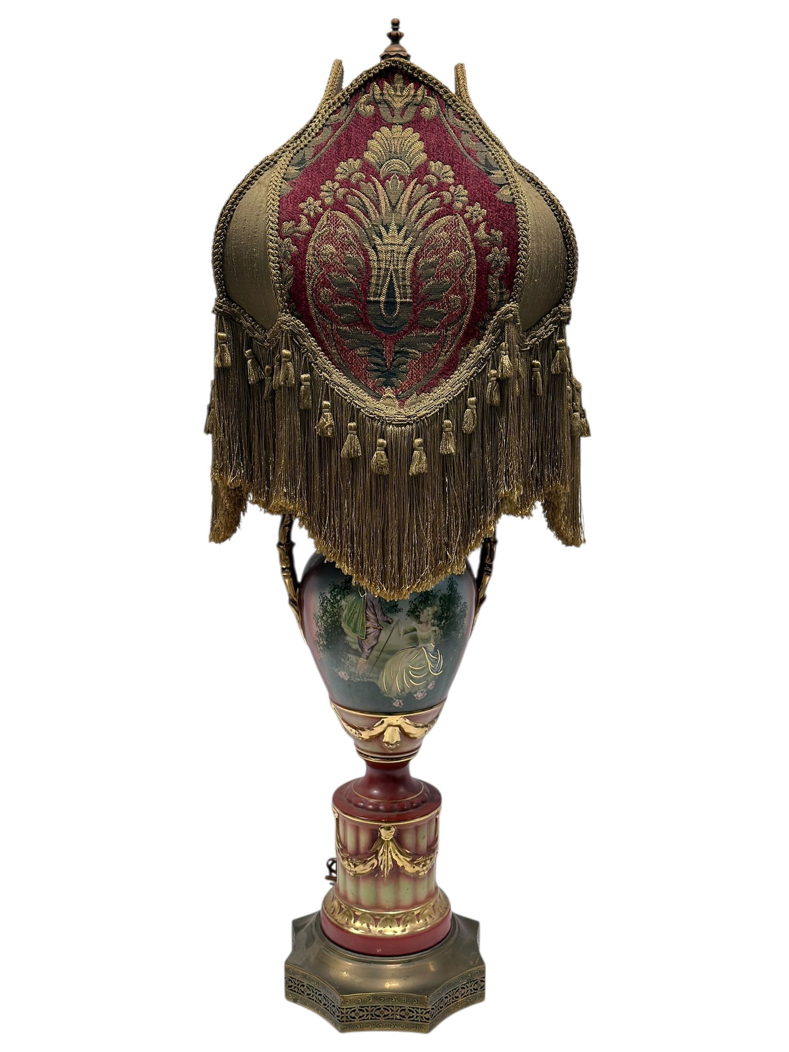 Hand Painted Urn Lamp w/ Victorian Style Croscill Shade: Hand Painted Urn Lamp w/ Victorian Style Croscill Shade. Measures 35.5" Tall. Is working, Shade showing some wear and base has some scuffs.