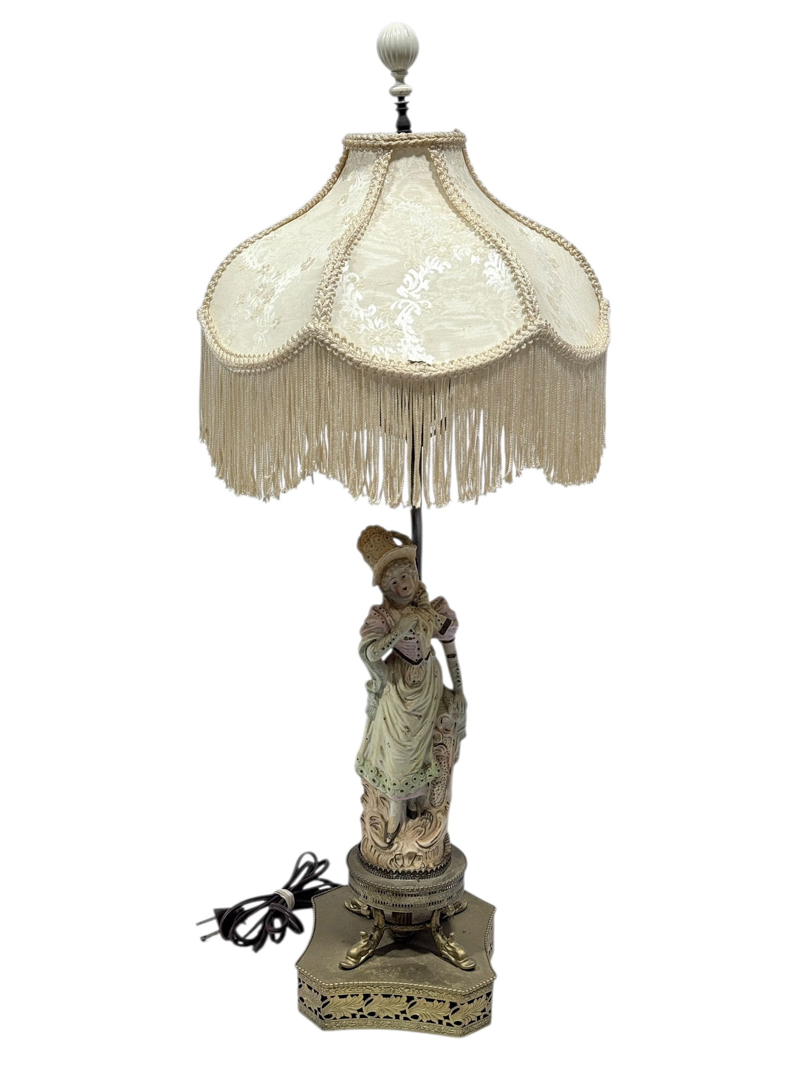 Hand Painted Bisque Victorian Era Figurine Lamp: Hand Painted Bisque Victorian Era Figurine Lamp. Measures 28.25" Tall. Is working, has some scuffs.
