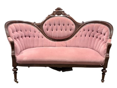 Pink Tufted Victorian Eastlake Settee