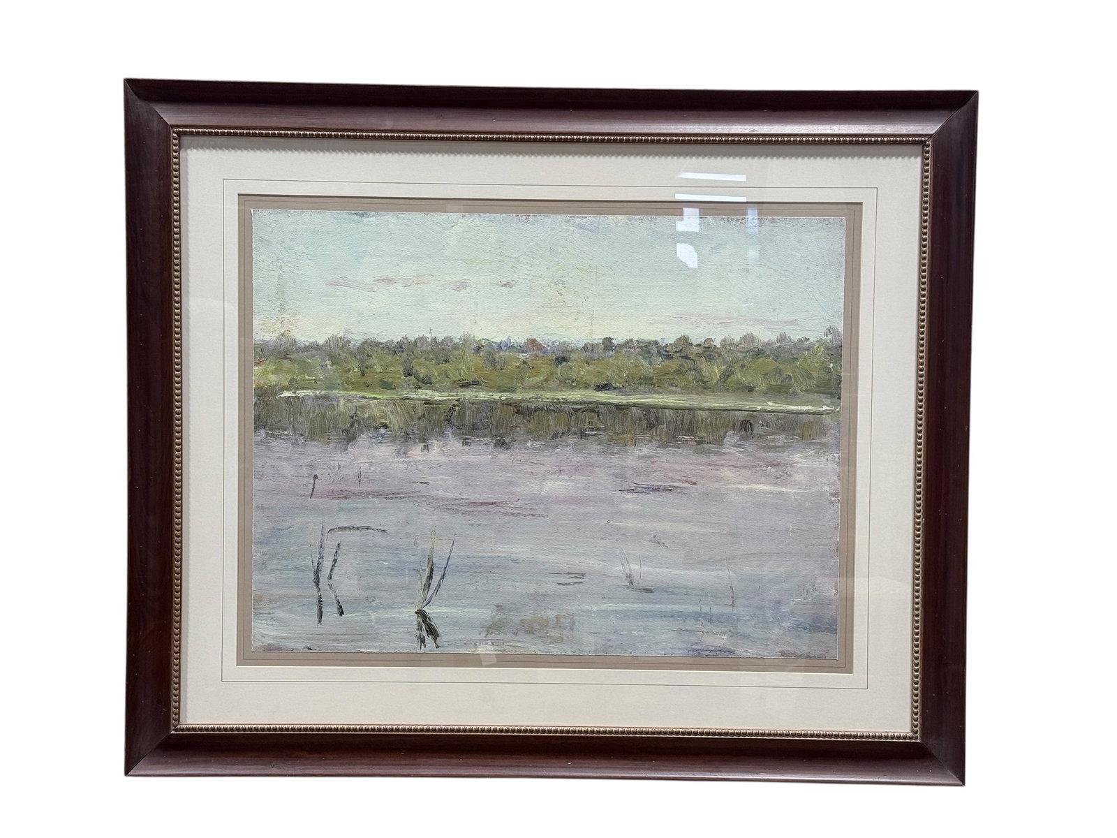 Framed "Big River" Painting on Paper For Patterson Furn. Co.: Framed "Big River" Painting on Paper For Patterson Furn. Co. Painting measures 32" x 24". Frame measures 45.5" x 37.5". Frame has some light scuffs and scratches.