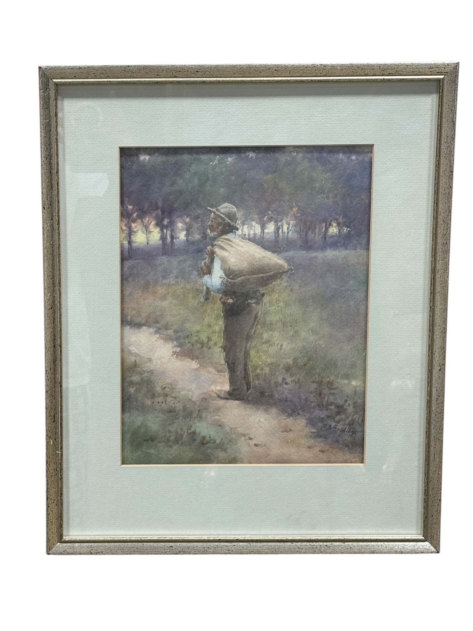 Signed F.A. Bradley 19th C. "The Traveler" Watercolor Painting: Signed F.A. Bradley 19th C. "The Traveler" Watercolor Painting. Florence Augustine Bradley (Born in Mt. Morris, New York, 1853-?) Signed in the bottom right corner. Painting measures 11" x 8.5". Frame