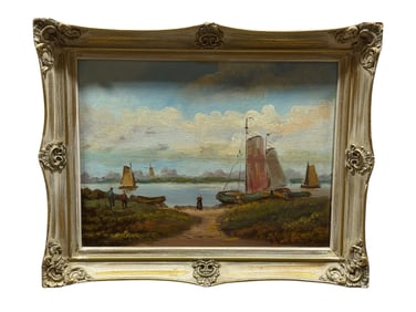 Signed Oil on Board Dutch Harbor Scene Painting