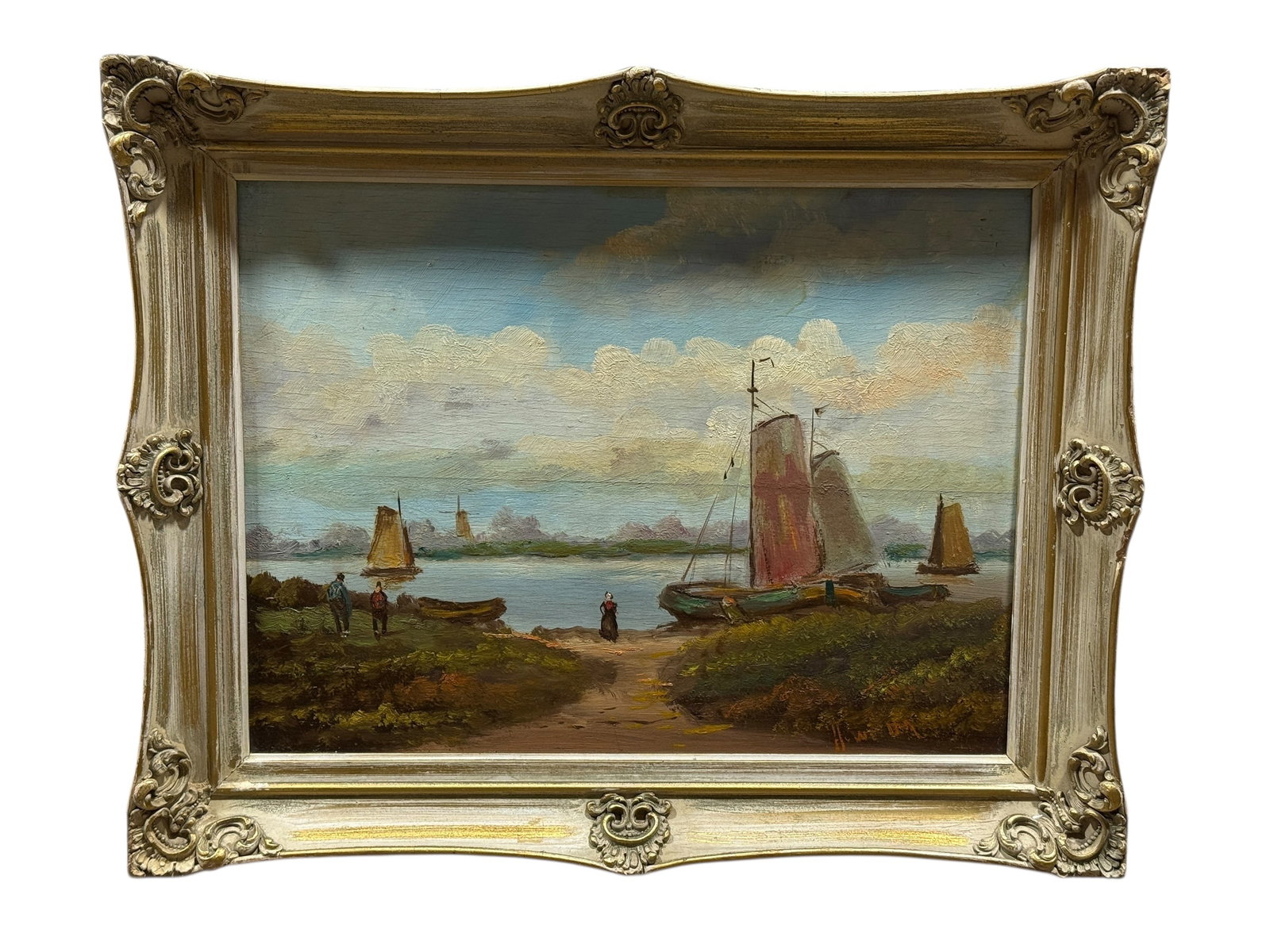 Signed Oil on Board Dutch Harbor Scene Painting: Signed Oil on Board Dutch Harbor Scene Painting. Singed in the bottom right corner but signature illegible. Painting measures 15.5" x 11.5". Frame measures 20" x 16". Frame has a couple of chips and s