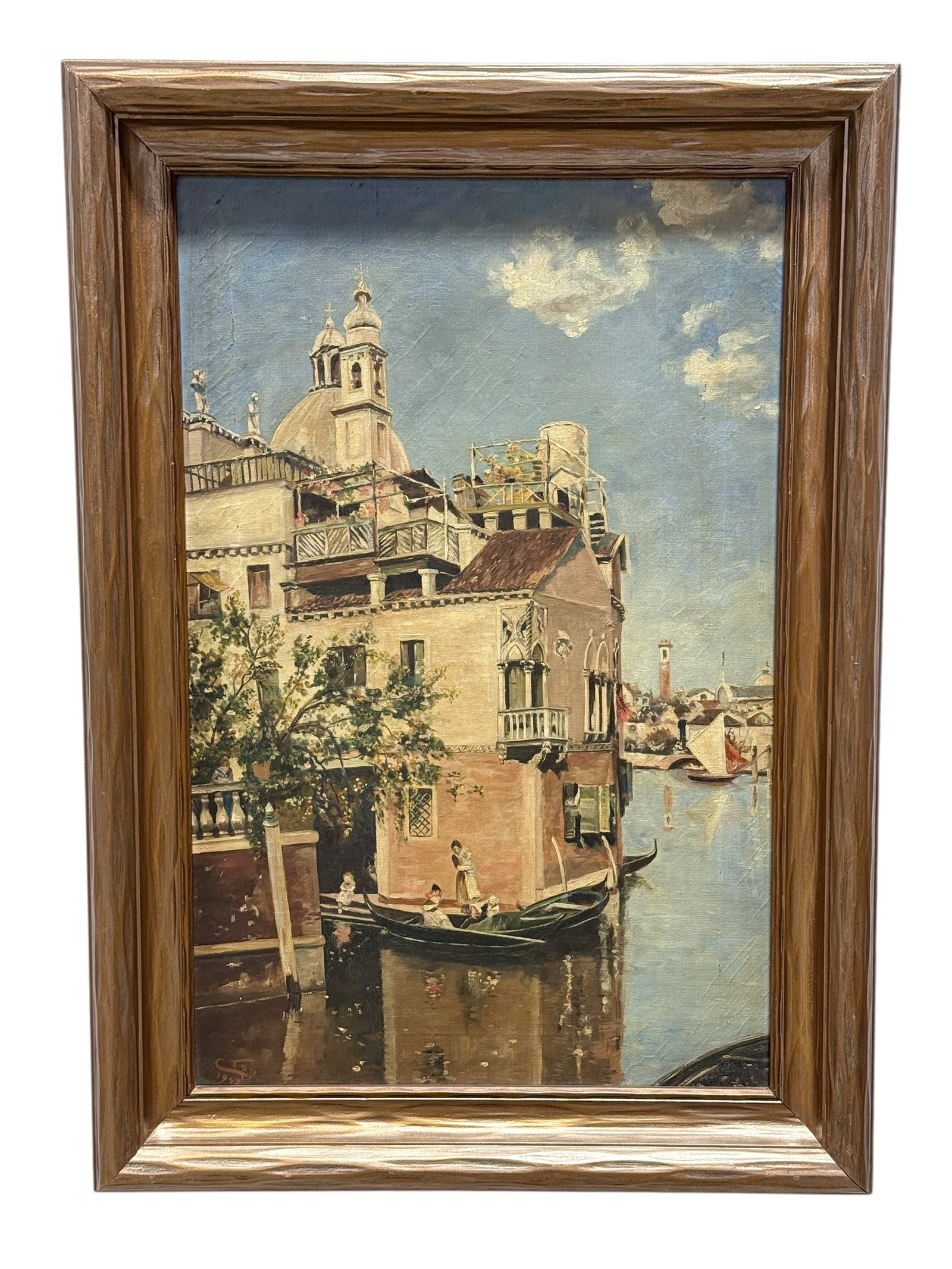Signed Top 1945 Oil on Canvas Venice Canal Scene Painting: Signed Top 1945 Oil on Canvas Venice Canal Scene Painting. Signed in the bottom left corner. Painting measures 22.5" x 14.5". Frame measures 27.5" x 19.5". Frame has some scuffs.
