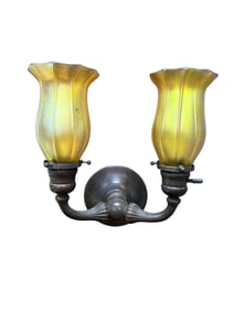 Bronze Tiffany Studios New York 2 Light Sconce w/ Quezell Shades