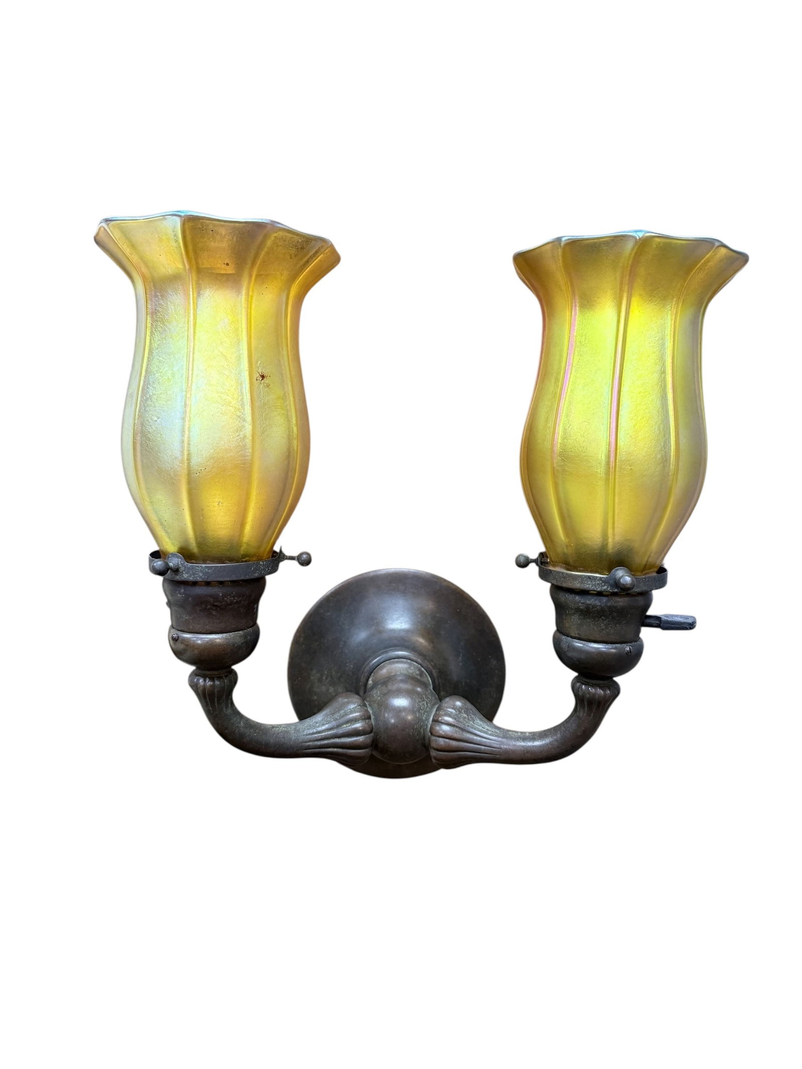 Bronze Tiffany Studios New York 2 Light Sconce w/ Quezell Shades (1 of 10)