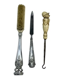 Art Nouveau Sterling Handle Brush Filer & Button Shoe Hook