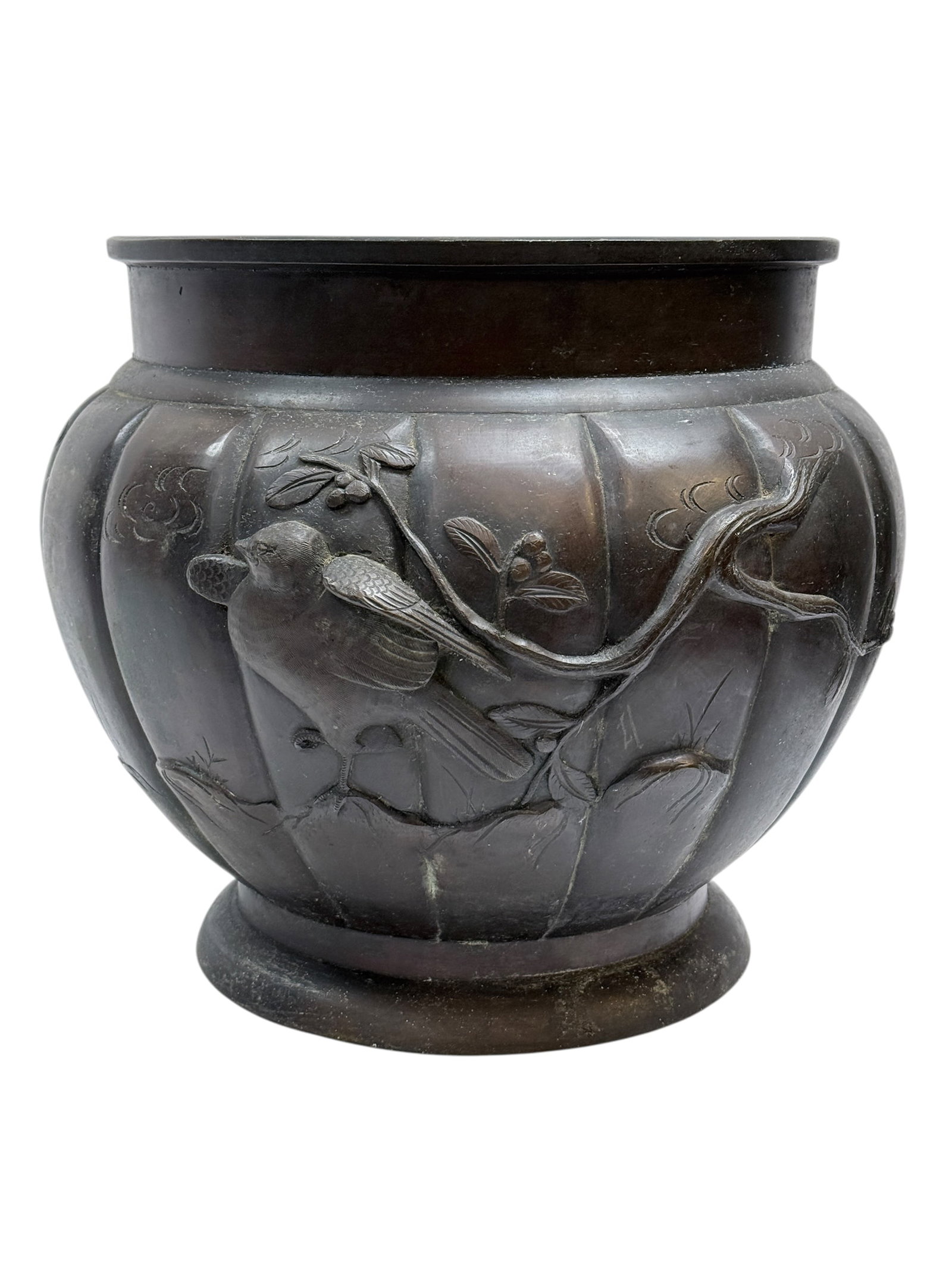 Bronze Japanese Meiji Period Lobed Jardiniere Planter: Bronze Japanese Meiji Period Lobed Jardiniere Planter. Decorated with high-relief carvings of birds, vines and flowers. Measures approx. 13.25" H x 16.5" W x 16.5" D. In used condition, has scuffs and