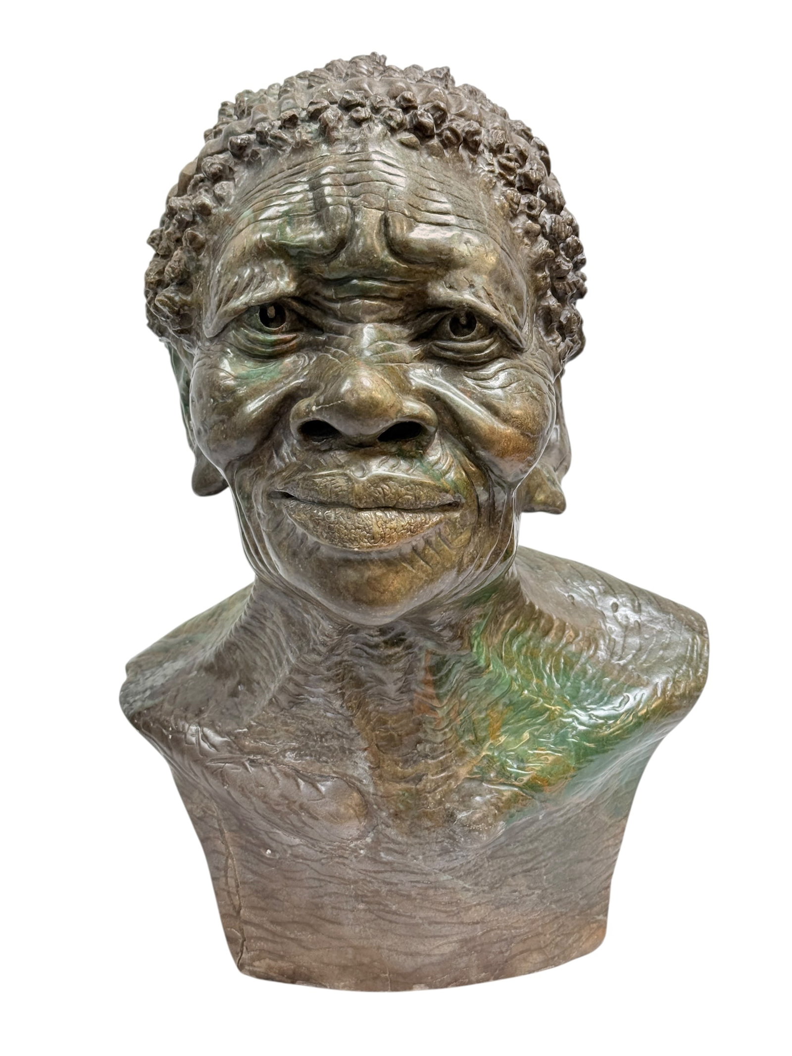 Signed African Verdite "Granny" Bust Sculpture: Signed African Verdite "Granny" Bust Sculpture. Signed under shoulder but signature illegible. Measures 15.25" H x 10.75" W x 9.5" D. Has some repaired cracks (see photos).