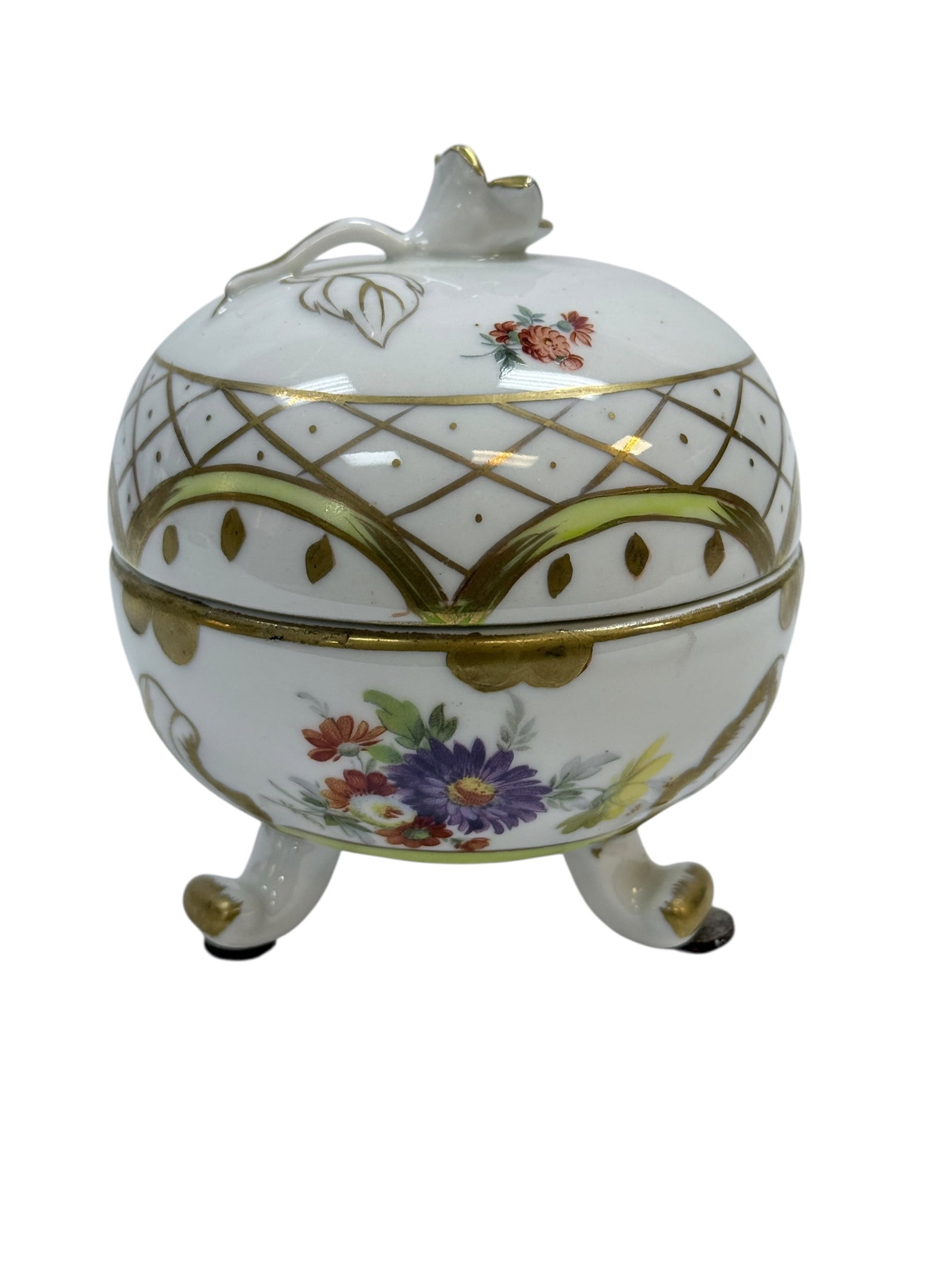 Elios H&F Hand Painted Point Main Trinket Box: Elios H&F Hand Painted Point Main Trinket Box. Marked on the underside. Measures 4.25" Tall. In good condition.