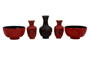Group of 5 Cinnabar Bowls & Vases