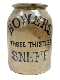 Bowers Three Thistles Snuff Stoneware Advertising Crock