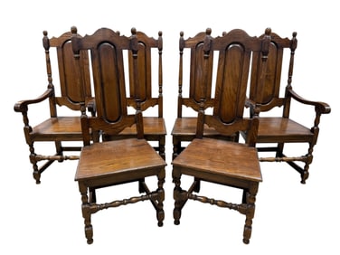 (6) English Elizabethan Style Tudor Oak Dining Chairs