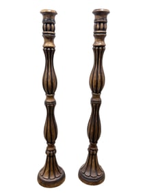 Pair of Elegant Quality Floor Wood Carved Pillar Candle Holders