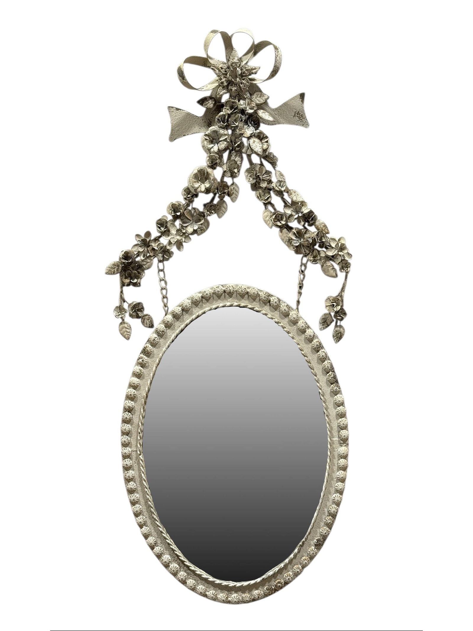 Metal Park Hill "Petite Flower" Oval Mirror: Metal Park Hill "Petite Flower" Oval Mirror. Manufactured by associated company of Park Hill: Fuzhou Qijin Crafts Co. LTD. Frame and flowers are metal. Measures 34.5" x 14". Brand New out of the box, 