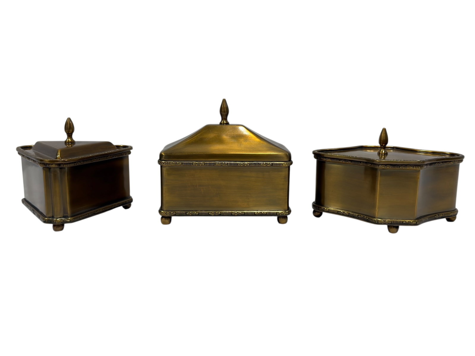 (3) Park Hill Brass Boxes: (3) Park Hill Brass Boxes. Measurements as pictured: 4.5" H x 5.25" W x 4.5" D, 5.25" H x 5.75" W x 3.5" D & 4" H x 6.5" W x 4.75" D. Brand New out of the box, in good condition.
