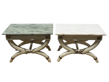 (2) Marble Top Neoclassical Revival Dorothy Draper Style End Tables