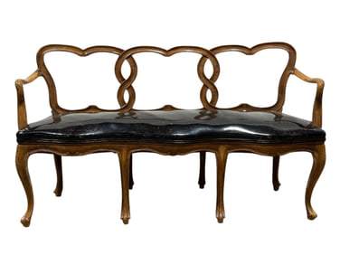 Antique Italian Walnut Pretzel Ribbon Back Leather Settee