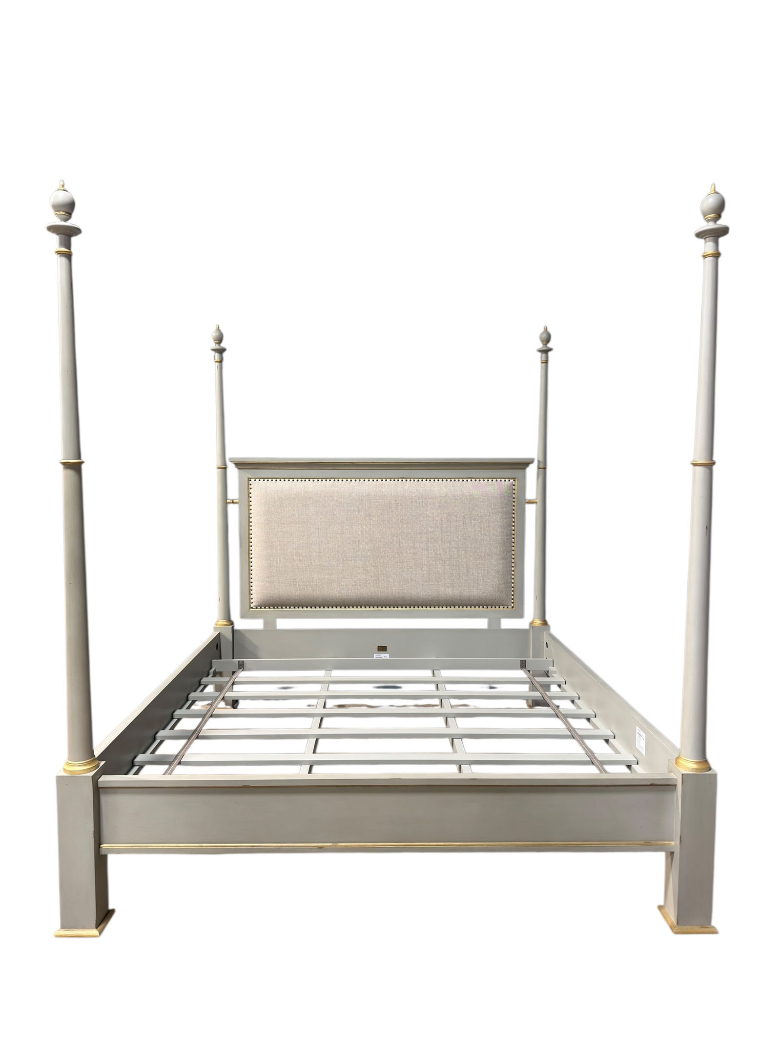 Monarch By Century "Madeline" King Poster Bed Frame: Monarch By Century "Madeline" King Poster Bed Frame. Off-white linen upholstery with decorative fabric tape and spaced Antique brass nail head trim and includes low post (see photos). Measures 92" H x