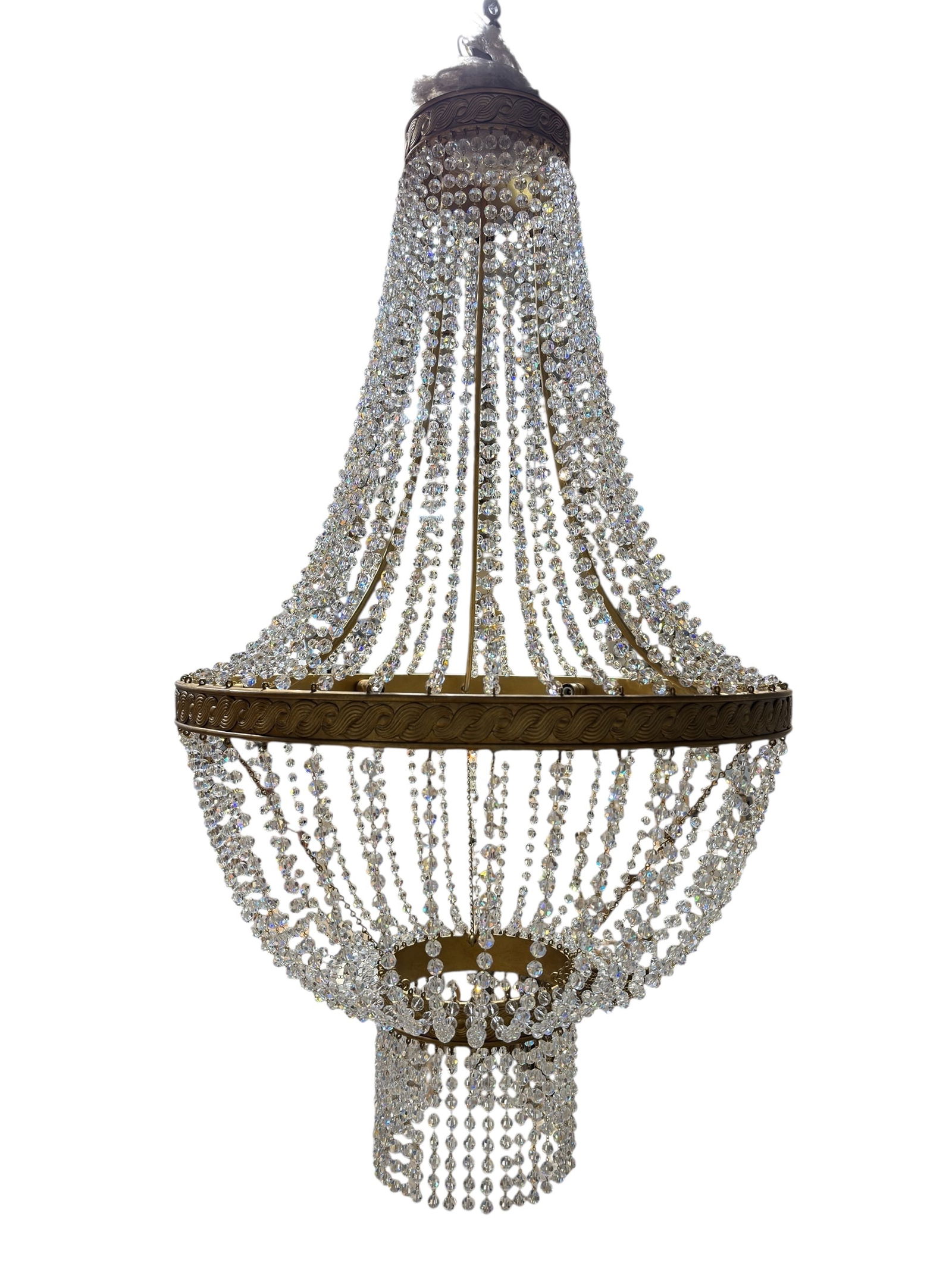 Currey & Co. "Mirador" Crystal Empire Chandelier: Currey & Co. "Mirador" Crystal Empire Chandelier. Measures 56" H x 30" W x 30" D. Brand New out of the box, In good condition. Discontinued chandelier and the retail price was: $6,500.