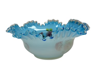 Fenton Blue Overlay "Wave Crest" Painted Bowl