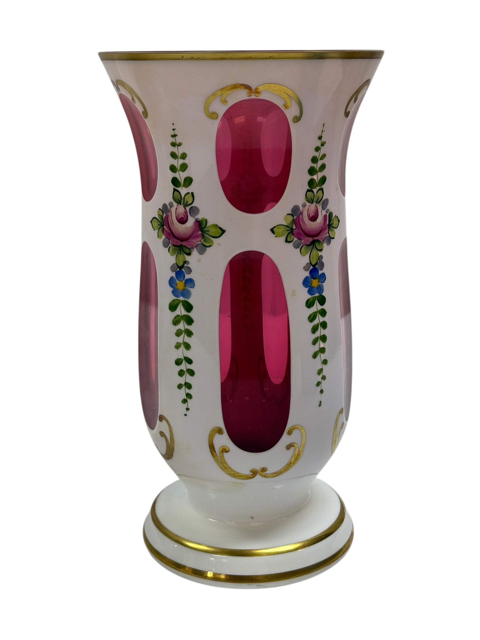 19th C. Bohemian Cut-To-Cranberry Floral Vase: 19th C. Bohemian Cut-To-Cranberry Floral Vase. Measures 8.75" Tall. Has a small chip on top rim.