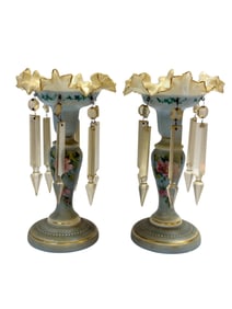 Pair of Antique Blue Hand Painted Lusters