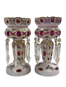 Pair of Early 20th C. Bohemian Cut-To-Cranberry Lusters