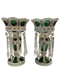 Pair of Early 20th C. Bohemian Cut-To-Emerald Lusters