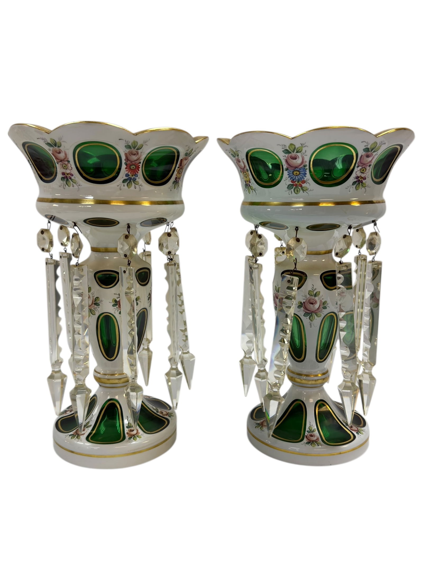 Pair of Early 20th C. Bohemian Cut-To-Emerald Lusters: Pair of Early 20th C. Bohemian Cut-To-Emerald Lusters. Measures 12.5" Tall. In good condition.