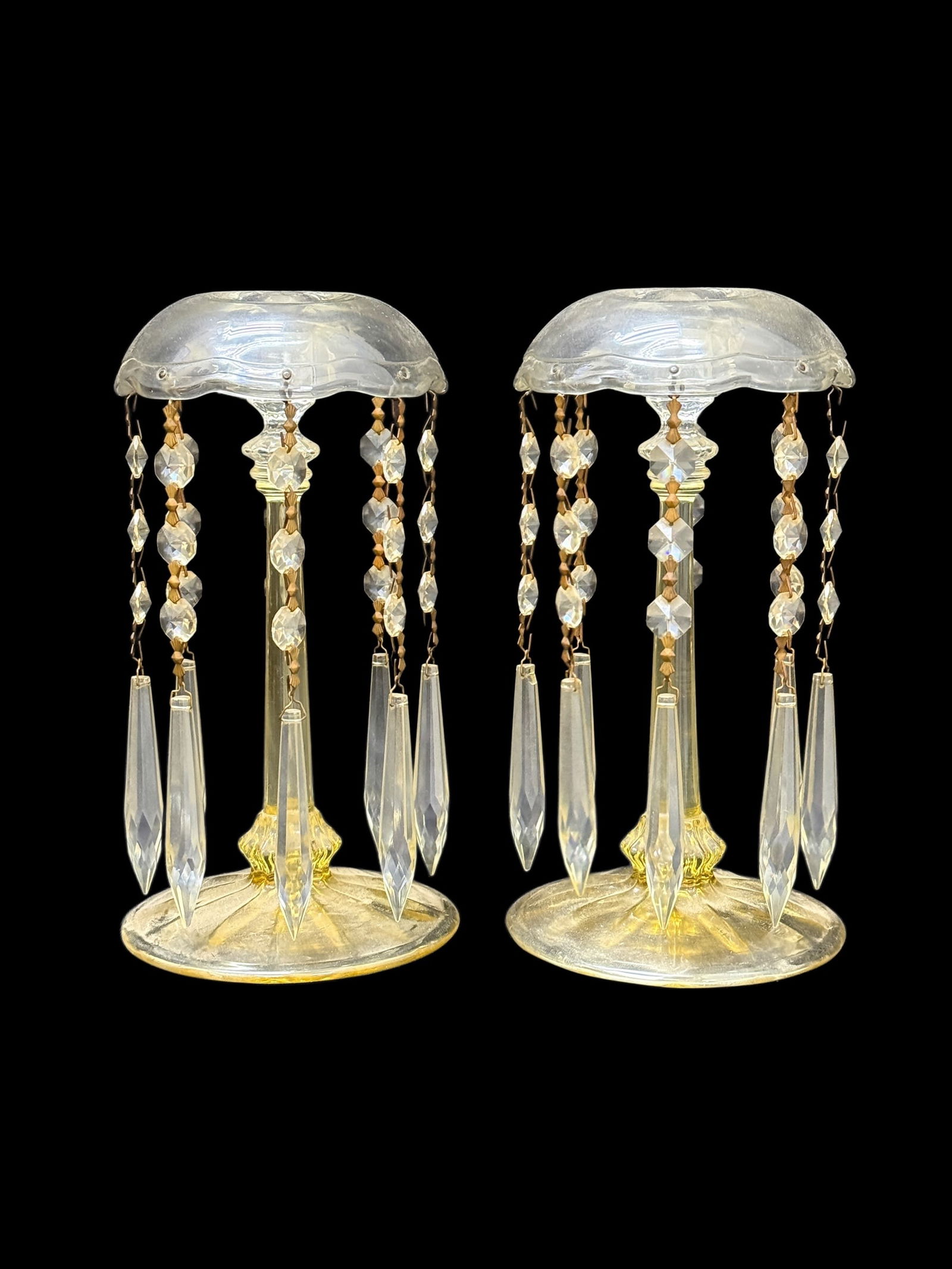 Pair of 1930s Fostoria Luster Candlesticks: Pair of 1930s Fostoria Luster Candlesticks. Measures 8.5" Tall. In good condition.