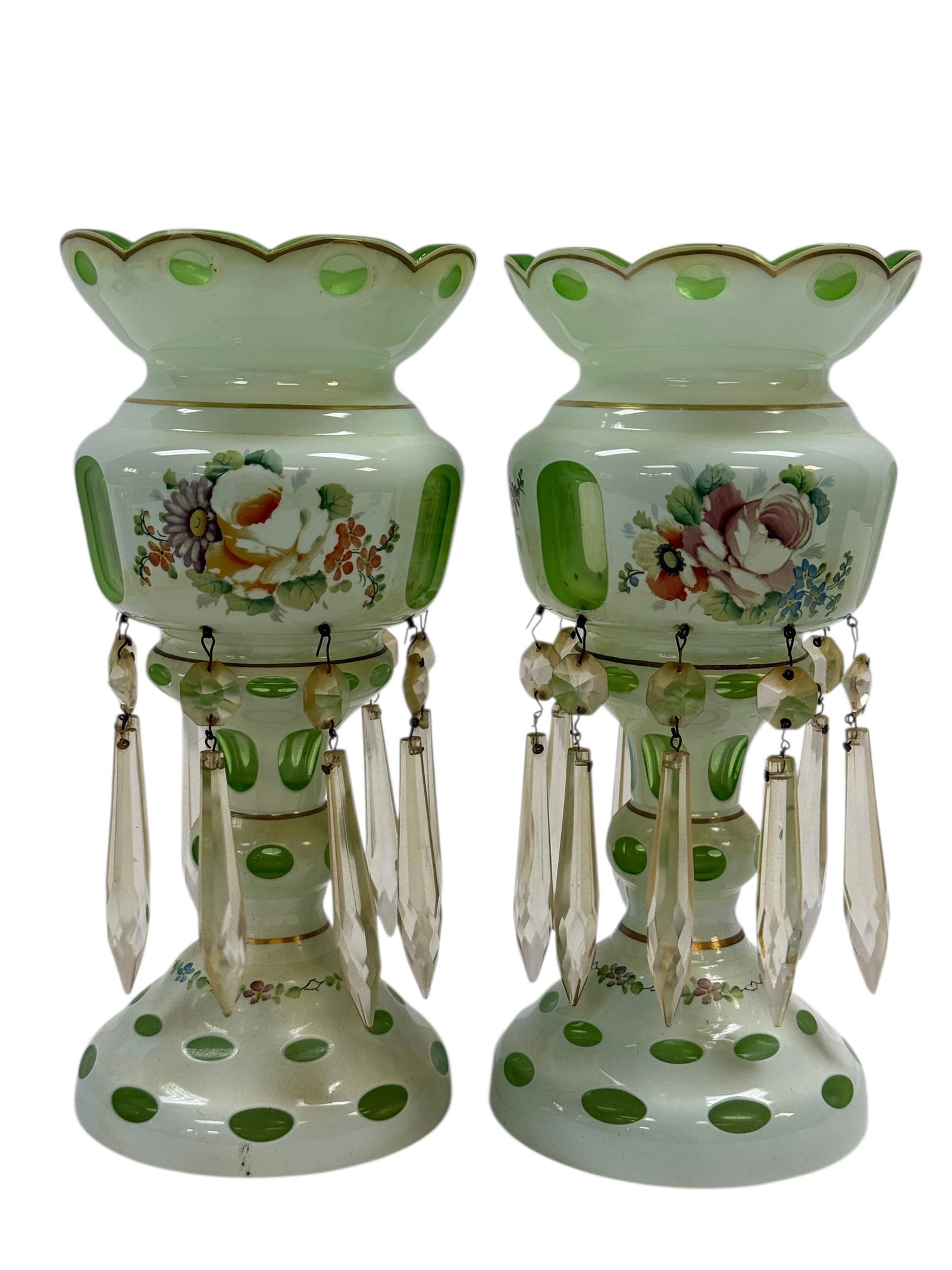 Pair of Bohemian Cut-To-Light Green Lusters: Pair of Bohemian Cut-To-Light Green Lusters. Measures 9.5" Tall. Has a chip on the edge.