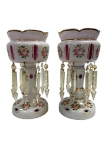Pair of Early 20th C. Bohemian Cut-To-Cranberry Lusters