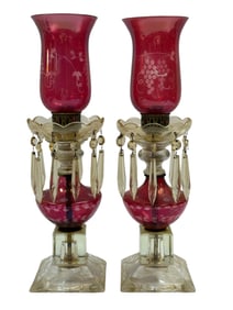 Pair of Cranberry Flash Glass Hurricane Candle Holders