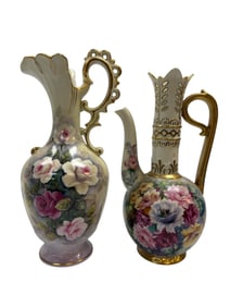(2) Antique Hand Painted Floral Ewers