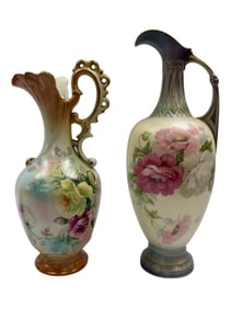 (2) Antique Hand Painted Floral Ewers