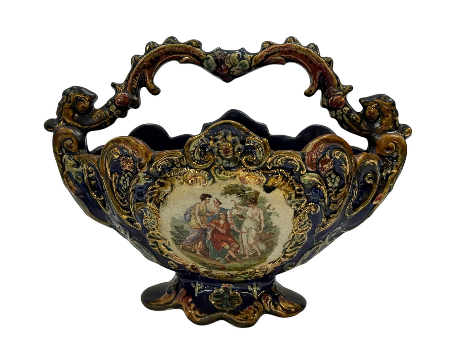 Early English Art Ware Basket: Early English Art Ware Basket. Marked on the underside. Measures 8.5" H x 11" W x 5" D. showing wear from age and has crazing.