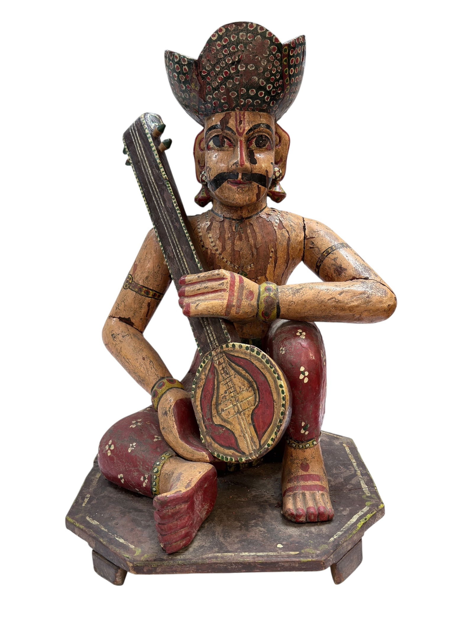 Large 19th C. Painted Carved Wood East Indian Musician Statue (1 of 17)