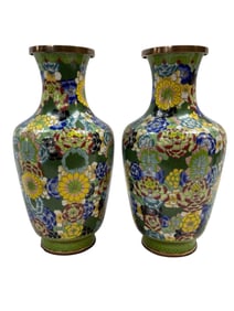 Pair of Floral Chinese Cloisonne Enamel Vases
