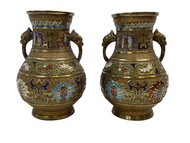 Pair of Japanese Champleve & Cloisonne Enamel Vases