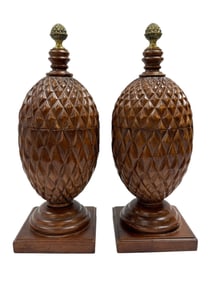 Pair of Carved Wood Pineapple Boxes w/ Brass Finials