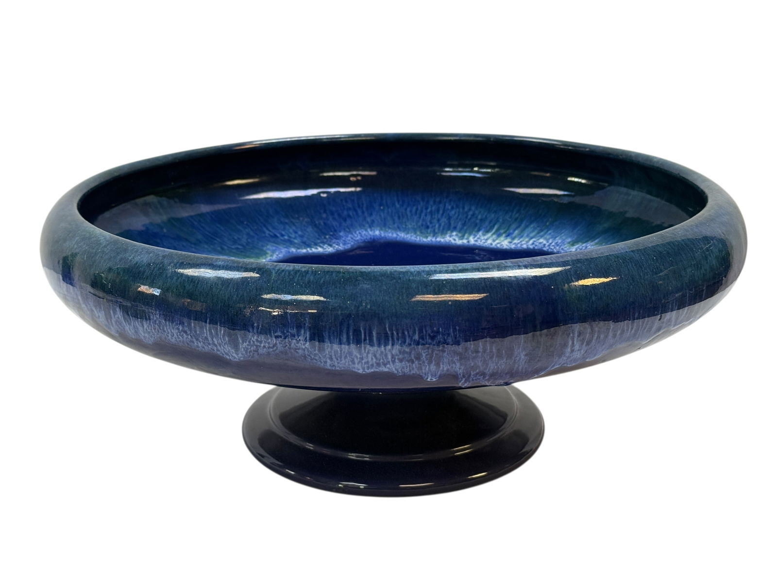 Large Arts & Crafts Pottery Pedestal Bowl: Large Arts & Crafts Pottery Pedestal Bowl. Possibly Fulper. Measures 6.5" H x 16.25" Diameter. Has some light scratches.