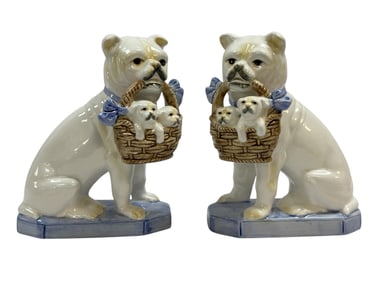 Pair of Fitz & Floyd Bulldog Figures w/ Puppies in Baskets