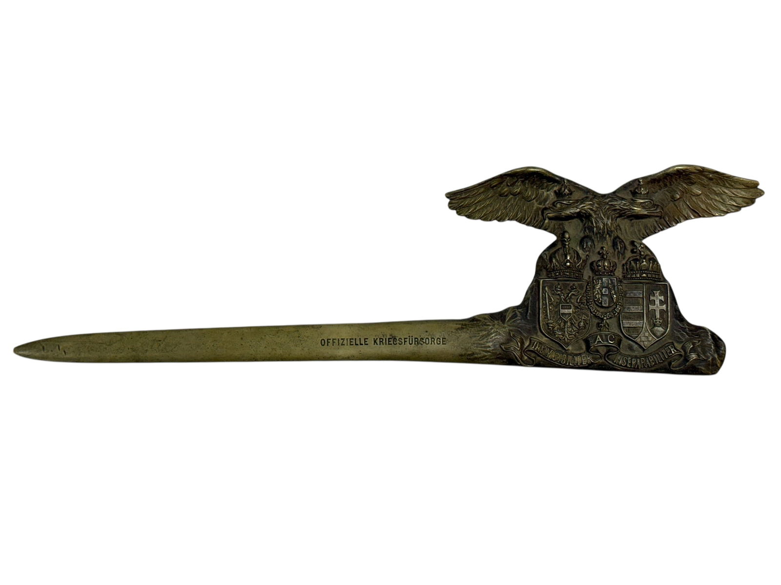 Vintage Brass German Eagle & Crest Letter Opener: Vintage Brass German Eagle & Crest Letter Opener. "OFFIZIELLE KRIEGSFÜRSORGE" is engraved on the blade, which translates from German to "Official War Welfare" or "Official War Charity". Crest feature