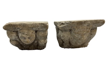 Pair of Antique Stone Carved Capitals w/ Gargoyles